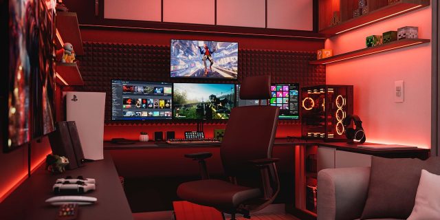 interior design, home office, modern interior, bedroom, study, pc, earphone, headphones, music, sound, technology, games, playstation, gamer, ps4, ps5, console, play, xbox, red, space red, night, led, dark, render